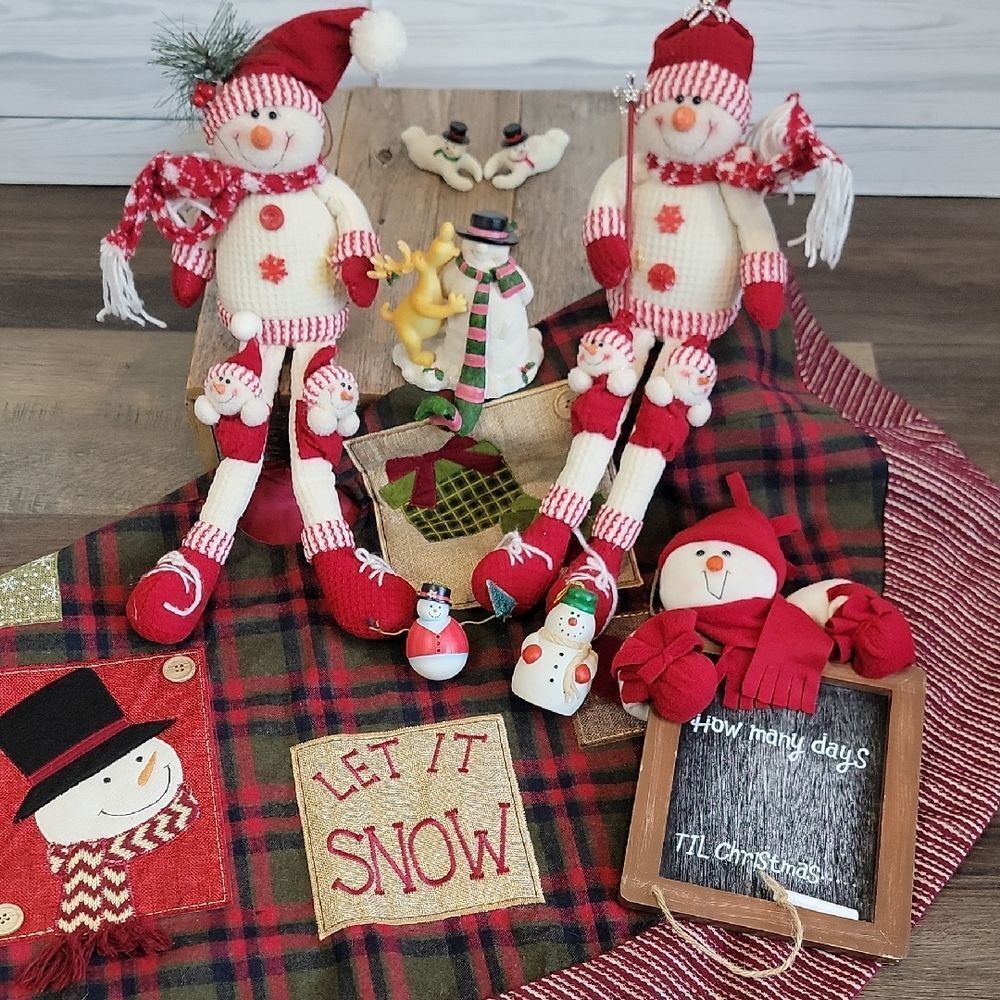 Snowman Holiday Decor 8 Item Bundle Including Tree Skirt - Stocking Holder